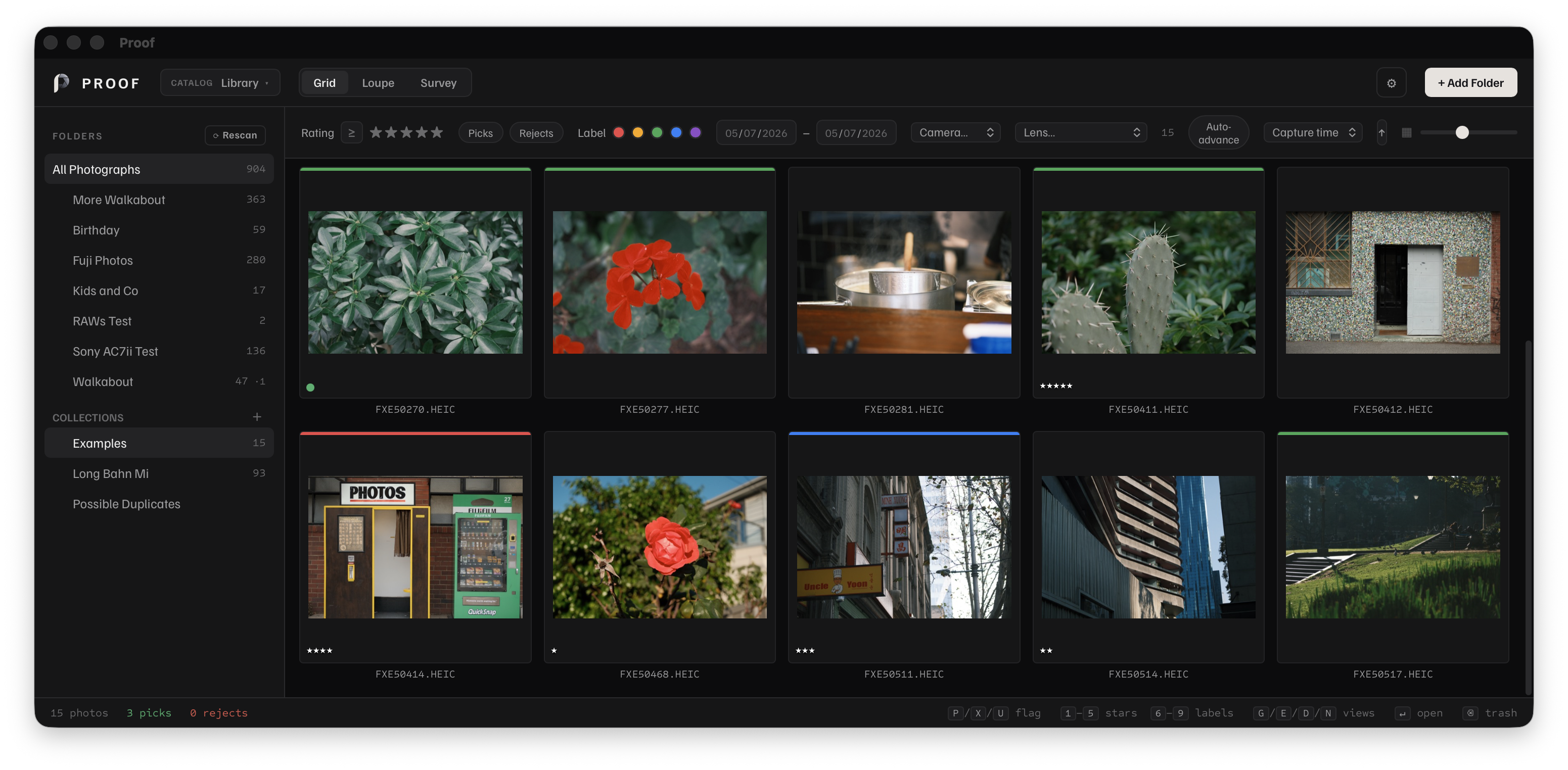 Proof showing a folder-based photo grid with flags, ratings, labels, and selected photographs