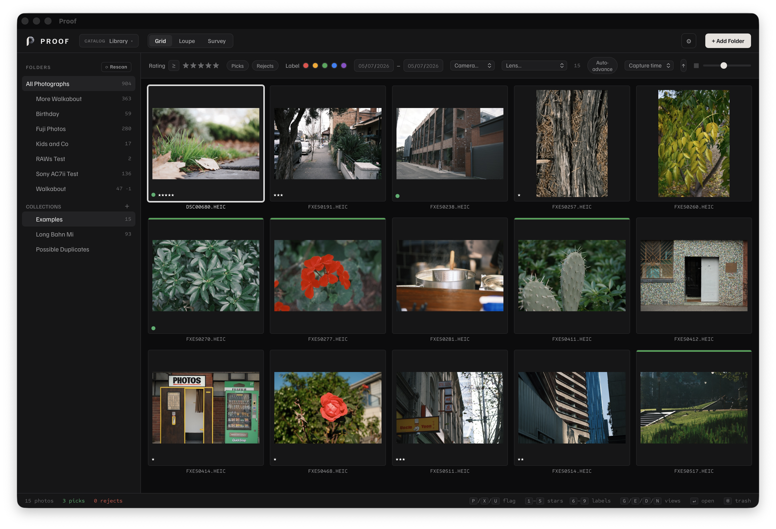 Proof grid view with folders, filters, and selected images